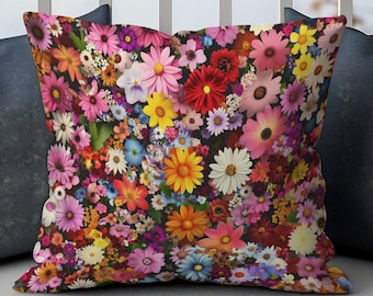 Spring Wildflower Pillow, Colorful Floral Cushion Cover, Cottagecore Home Décor, Housewarming Gift, Garden Flowers Pillowcase Gift for Her