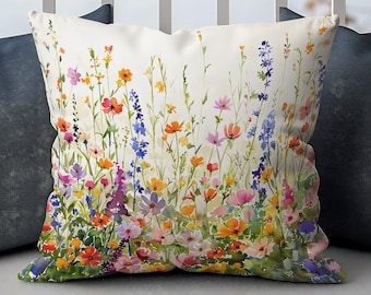 Watercolor Wildflower Pillow, Floral Accent Cushion Cover, Cottagecore Home Décor, Housewarming Gift, Garden Flowers Pillowcase Gift for Her
