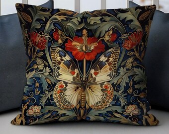 Butterfly Floral William Morris Pillow, William Morris Cushion Cover, Art Nouveau Pillow Case, Vintage Cover, Ancient Decorative Pillowcase