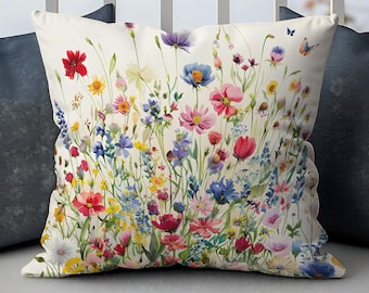 Wildflower Pillow, Watercolor Floral Accent Cushion Cover, Housewarming Gift, Farmhouse Home Décor, Garden Flowers Pillowcase Gift for Her