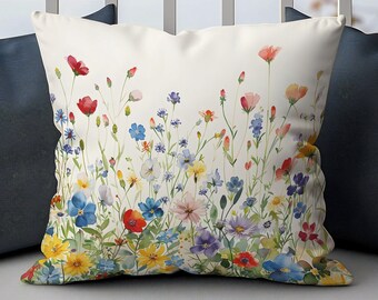 Watercolor Wildflower Throw Pillow, Floral Accent Cushion Cover, Cottagecore Home Décor, Housewarming Gift, Garden Flowers Throw Pillowcase