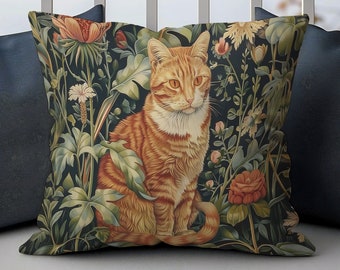 Tabby Cat William Morris Pillow, William Morris Cat Cushion Cover, Art Nouveau Pillow Case, Cat Lover Gift, Ancient Decorative Pillowcase