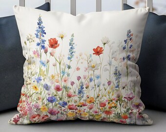 Wildflower Watercolor Throw Pillow, Floral Accent Cushion Cover, Cottagecore Home Décor, Housewarming Gift, Garden Flowers Throw Pillowcase