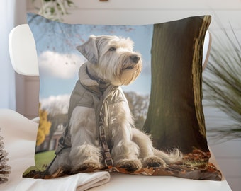 May include: A white dog wearing a brown jacket sits in a forest setting. The dog is looking to the right of the frame. The dog is sitting on a bed of fallen leaves.