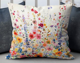 Watercolor Wildflower Pillow, Floral Accent Cushion Cover, Housewarming Gift, Farmhouse Home Décor, Garden Flowers Pillowcase Gift for Her