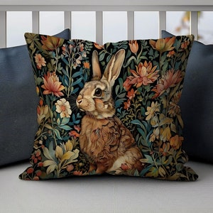 Rabbit Bunny Pillow Cover, William Morris Inspired, Unique Woodland Theme, Pillow Gifts for Women, Stylish Home Accent, Pillow Cover 18x18