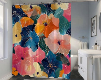 May include: A colorful shower curtain with a floral pattern. The flowers are in shades of pink, orange, blue, and yellow. The background is a dark blue with gold accents.