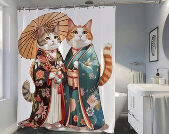 Cute Cat Shower Curtain, Japanese Kitty Couple Bathroom Curtain, Housewarming Gift, Funny Vintage Japanese Shower Curtain, Cat Lover Gift