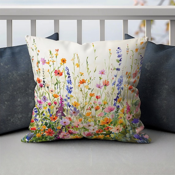 Watercolor Wildflower Pillow, Floral Accent Cushion Cover, Cottagecore Home Décor, Housewarming Gift, Garden Flowers Pillowcase Gift for Her