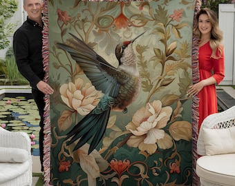 Hummingbirds Woven Blanket - William Morris Inspired 100% Cotton