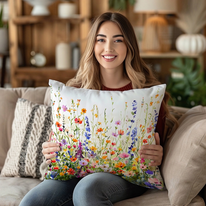 Watercolor Wildflower Pillow, Floral Accent Cushion Cover, Cottagecore Home Décor, Housewarming Gift, Garden Flowers Pillowcase Gift for Her image 3