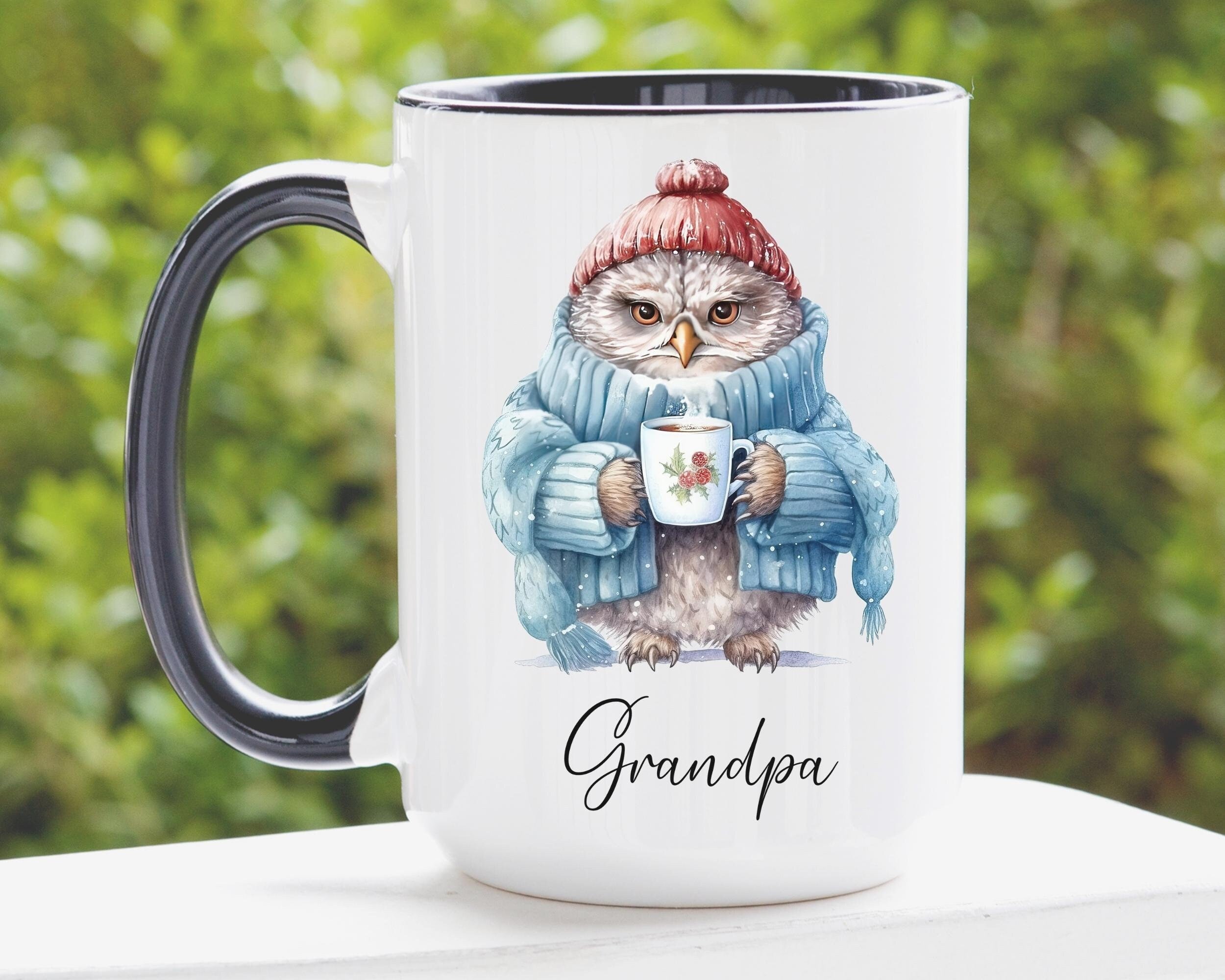 Christmas Owl Mug Personalized, Personalized Name Owl Coffee Cup, Custom Names Grandpa Christmas Gif