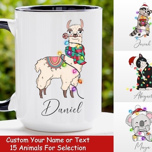 Christmas Llama Mug, Personalized Name Llama Coffee Cup, Custom Names Family Christmas Mug, Llama Xmas Gifts for Women, Llama Lover Gifts