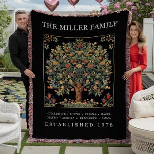 May include: Black throw blanket with a detailed tree design and the text "THE MILLER FAMILY." The blanket features names and the year "ESTABLISHED 1978." The tree has red and yellow fruit.