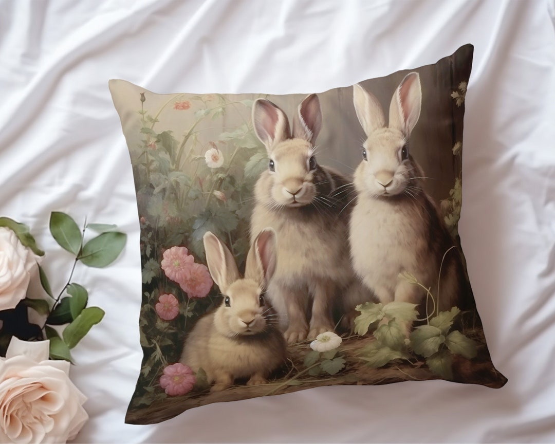 Antique Rabbit Decor Pillow, Vintage Rabbit Pillow, Unique Woodland ...