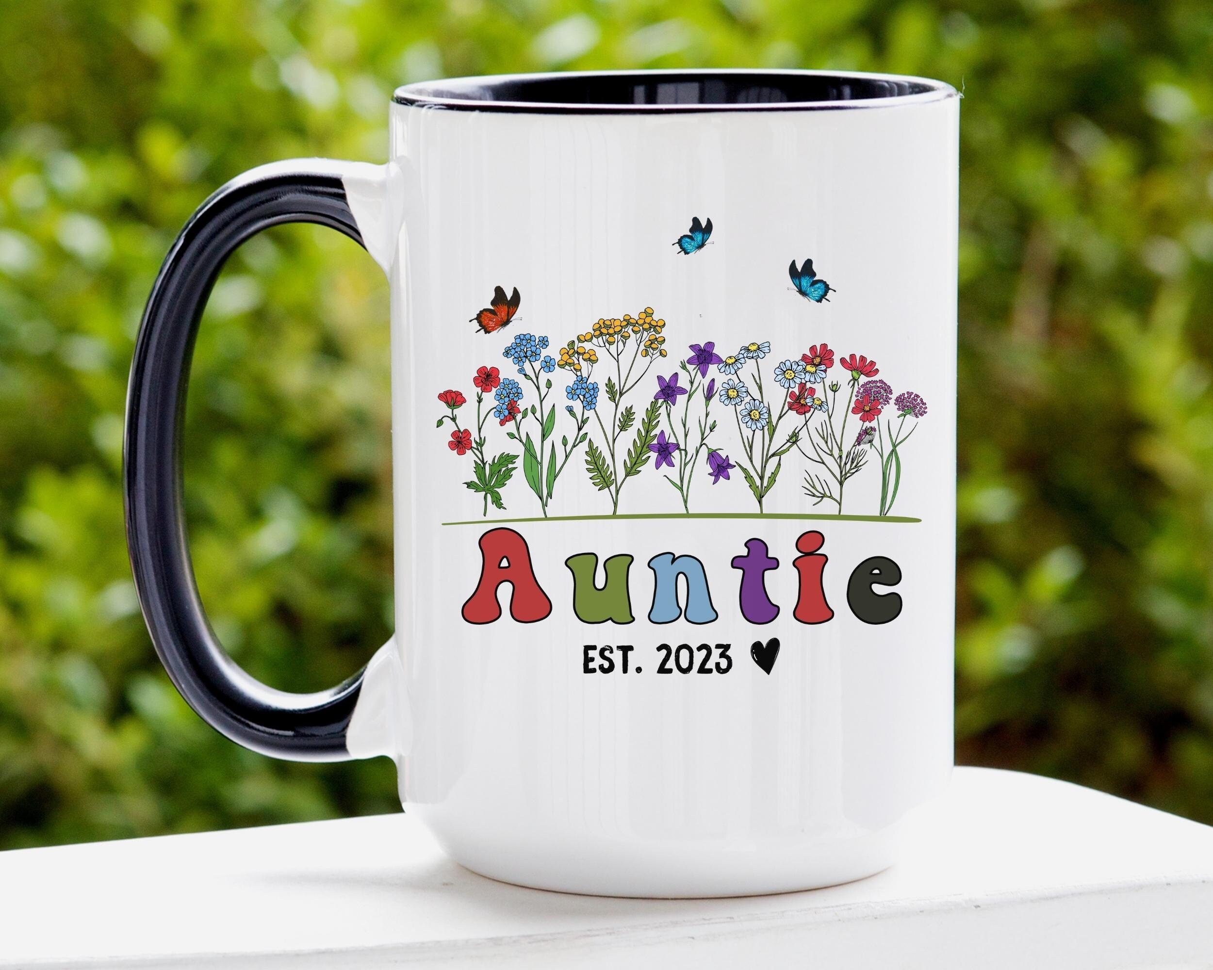 Personalized Auntie Mug, New Aunt Mug Est 2023, Pregnancy Announcement Cup, Coffee Mug Soon to Be Auntie Gift, Name Future Auntie Custom Mug