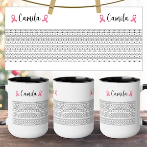 May include: Three white ceramic mugs with black interiors and handles, each featuring a decorative black and white pattern and the name "Camila" with a pink ribbon. A matching design is displayed on a card.