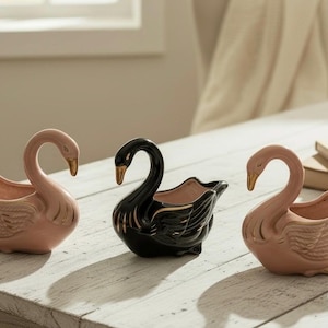 Juego de macetas de cerámica vintage de mediados de siglo con forma de cisne, macetas para suculentas en rosa y negro con brillo dorado, jarrones retro de pájaros de mediados de siglo, juego de 3