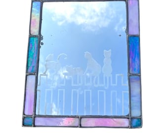 Vintage Stained Glass Cat Mirror Large Etched Slag Pink Purple Blue 17” Art