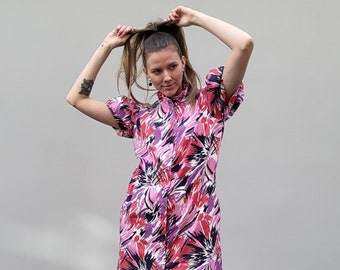 Pink Floral Midi Dress, Puff Sleeve Cotton, Button Front, Pockets, Cottagecore Summer