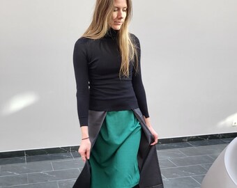 Comfortable Skirt with Asymmetrical Hem, Spring/Summer Skirt, Green/Grey Skirt, Skirt with Pockets, Golden Garden Design, Tall Women