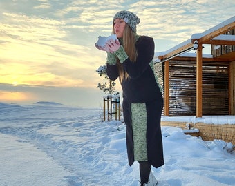 Hand Knitted Jersey Skirt: Green Details, Tall Women's Winter Skirt