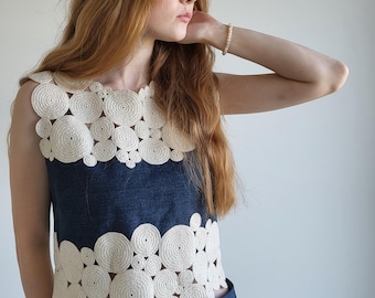 Upcycled Denim Crochet Top, Handmade Patchwork Blouse, Artistic Statement Clothing, Sustainable Fashion