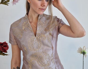 Dusty Rose Fitted Blouse, Gold Lace Top, Elegant Short Sleeve, Wedding, Evening Wear