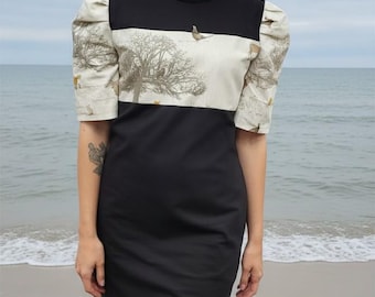 Black Knee Length Summer Dress, Puff Sleeve Casual Women’s Dress, Tree & Animals Print