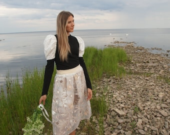 Knee Length Beige Skirt, Embroidered Tulle, Semi Formal Summer Party Wear