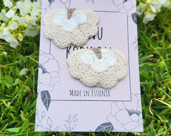 Embroidered Flower Earrings, Textile Jewelry, Elegant Statement, Neutral Tones, Stainless Steel