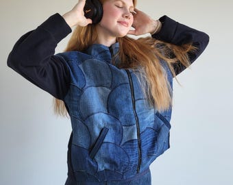 Oversized Upcycled Denim Streetwear Coat Patchwork Outerwear Casual Everyday Statement Piece Dark Blue