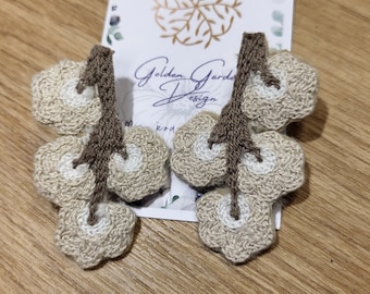 Embroidered Flower Earrings, Textile Jewelry, Elegant Statement, Neutral Tones, Stainless Steel