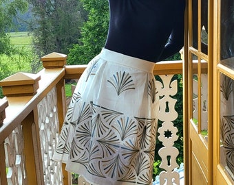 White Knee-Length Skirt, Gold-Green Abstract Pattern, Semi-Formal Summer Party Wear