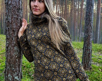 Boho Graphic Sweatshirt, Yellow Black Artistic Pattern Pullover, High Neck Sweater