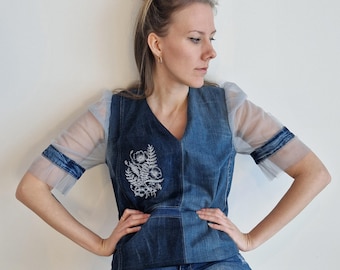 Upcycled Denim Blouse with Tulle Sleeves, Embroidered Floral Top, Elegant Statement Shirt