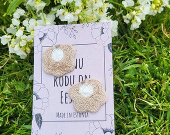 Embroidered Flower Earrings, Textile Jewelry, Elegant Statement, Neutral Tones, Stainless Steel