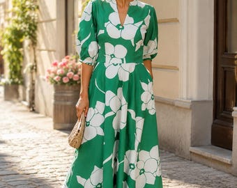 Green White Floral Maxi Dress, Elegant Summer Style, Puff Sleeve Women's Fashion, Vacation Wear
