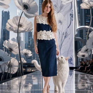 May include: A sleeveless dark blue denim top and matching midi skirt featuring cream-colored circular crochet appliques along the neckline, waist, and side seams. The outfit is paired with light-colored strappy sandals and a fluffy white cat.