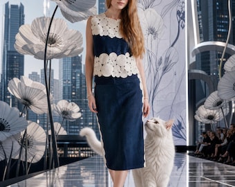 Upcycled Denim Set - Crochet Top and Skirt , Patchwork Sustainable Fashion