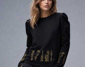 Black Embroidered Sweatshirt, Gold Floral Pullover, Semi Formal Women Top, Fleece Backed Knit