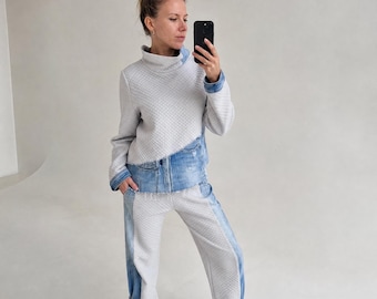 Bluza z denimu z recyklingu, sweter z wysokim kołnierzem, damska bluza w stylu streetwear, zrównoważona moda