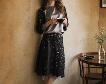 Black Floral Lace Midi | Handmade Satin Statement Piece | Romantic Scandinavian Fashion