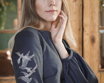 Gray Long Sleeve Blouse with Embroidered Birds, Lantern Sleeve Boat Neck Top