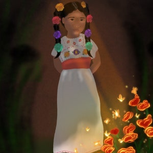 May include: A young girl wearing a white dress with red and floral embroidery stands in a dark forest. She has dark hair with colourful flowers woven into her braids.  She is surrounded by glowing orange flowers and butterflies.