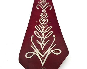 1940s Hand Painted Rayon Tie / Red & Gold Bespoke / Art Deco Fashion / 54” x 4”