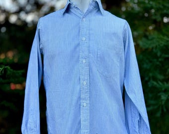 1940s Striped Dress Shirt, White & Sky Blue Cotton, Size 14.5