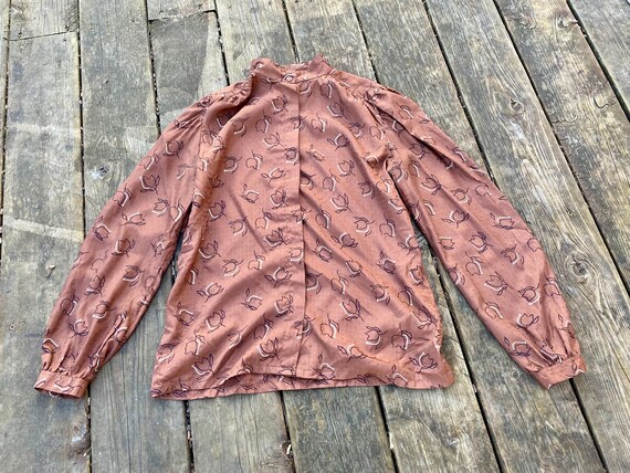 1960s 1970s Autumn Fall Brown Blouse / Button dow… - image 1