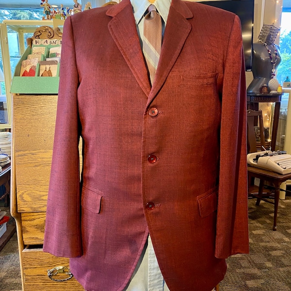 1960s Flecked Red Suit Jacket / Sport Coat / Single Breasted  / Skinny Mod fit Size 38