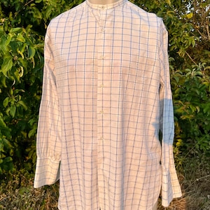 1910s 1920s Collarless Detachable Dress Shirt / Cotton Blue Window Pane / Victorian Art Deco Fashion / Size Large 16.5”